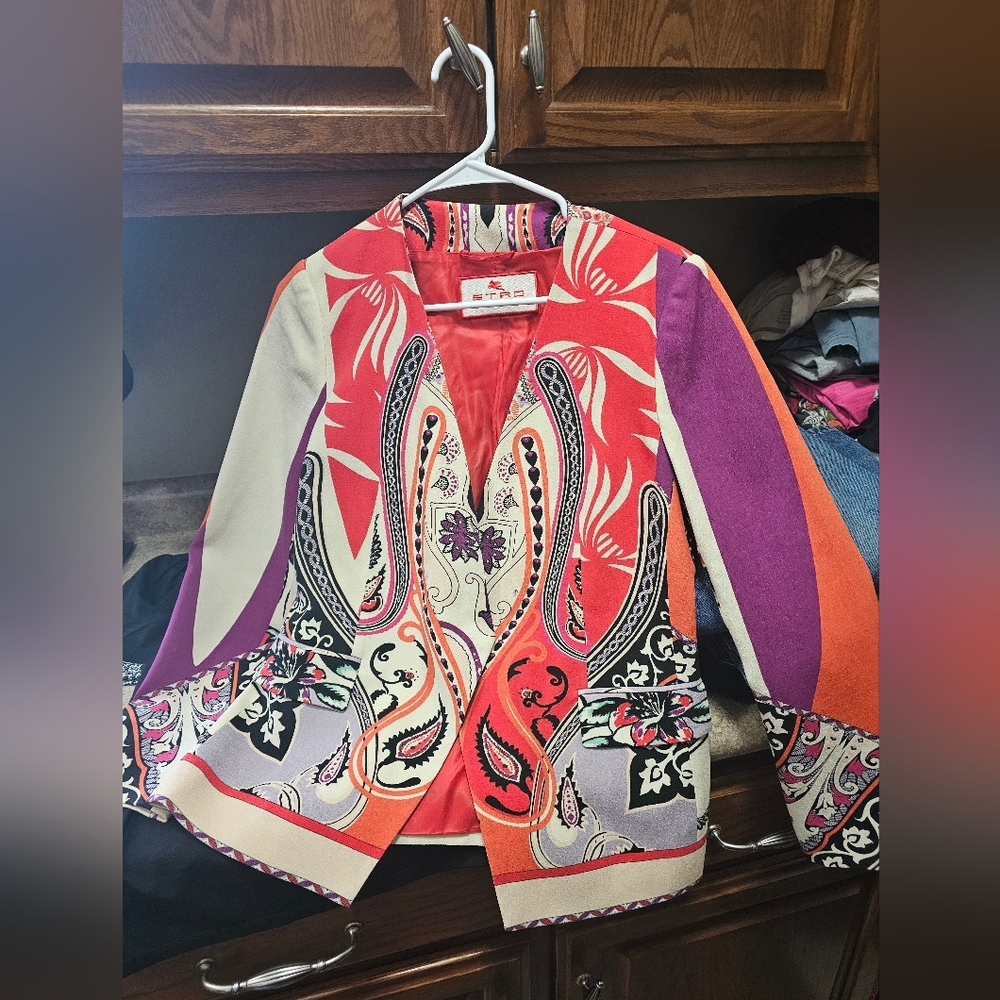 ETRO Paisley Patchwork Single Button Blazer in Coral, Purple & Cream